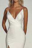Ivory Spaghetti Straps Matte Satin Mermaid Wedding Dress with Slit