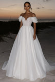 Ivory Off the Shoulder Organza A Line Wedding Dress with Drape