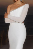 Ivory One Shoulder Mermaid Matte Satin Floor Length Wedding Dress