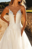 Ivory Spaghetti Straps Tulle A Line Wedding Dress with Lace Applique