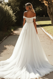 Ivory Off the Shoulder Tulle A Line Wedding Dress with Lace Applique