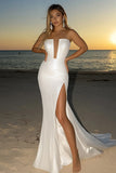 Ivory Strapless Straight Neck Mermaid Wedding Dress with Slit