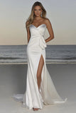 Sweetheart Sheath Ivory Satin Wedding Dress with Slit