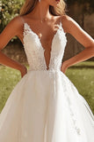 Spaghetti Straps V Neck Ball Gown Applique Ivory Tulle Wedding Dress