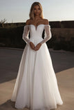 Off the Shoulder Organza Ivory Long Sleeves A Line Wedding Dress