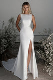 Satin Boat Neck Ivory Sheath Sweep Train Wedding Dress with Slit