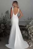 Satin Boat Neck Ivory Sheath Sweep Train Wedding Dress with Slit