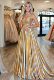 Metallic Gold Pleated Sweetheart A Line Maxi Prom Dress
