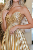Metallic Gold Pleated Sweetheart A Line Maxi Prom Dress
