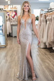 Sparkly Silver Deep V Neck Sequin Corset Sheath Prom Dress with Slit