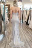 Sparkly Silver Corset Sweetheart Sequin Long Prom Dress with Slit