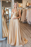 Gold Satin A Line Strapless Pleated Long Prom Dress
