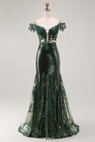 Sparkly Off the Shoulder Dark Green Sequins Mermaid Prom Dress with Slit