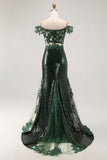 Sparkly Off the Shoulder Dark Green Sequins Mermaid Prom Dress with Slit
