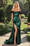 Black Off the Shoulder Sheath Stretch Satin Floor Length Prom Dress with Slit