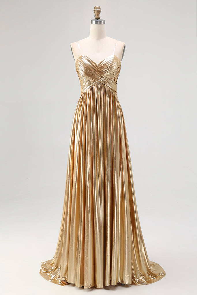 Leely Women Metallic Gold A Line Prom Dress Pleated Strapless