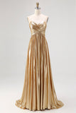 Metallic Gold Pleated Sweetheart A Line Maxi Prom Dress