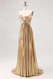 Metallic Gold Pleated Sweetheart A Line Maxi Prom Dress