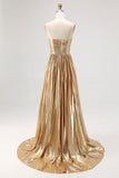 Metallic Gold Pleated Sweetheart A Line Maxi Prom Dress