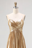 Metallic Gold Pleated Sweetheart A Line Maxi Prom Dress