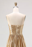 Metallic Gold Pleated Sweetheart A Line Maxi Prom Dress