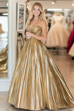 Metallic Satin Gold Sweetheart Pleated Ball Gown Maxi Prom Dress