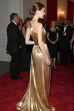 Metallic Golden One Shoulder Ruched Floor Length Formal Dress