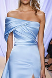 Light Blue Mermaid Satin Sweep Train Formal Dress with Slit