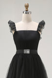 Black A-Line Tulle Tiered Formal Dress with Ruffles