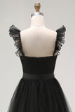Black A-Line Tulle Tiered Formal Dress with Ruffles