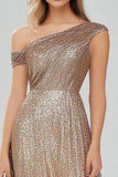 Sparkly Golden One Shoulder A-Line Sequined Formal Dress