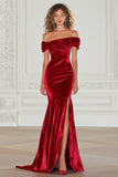 Elegant Burgundy Off the Shoulder Velvet Sheath Formal Dress with Slit
