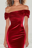 Elegant Burgundy Off the Shoulder Velvet Sheath Formal Dress with Slit