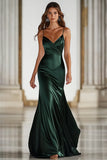Leely Women Dark Green Formal Dress Satin Sheath Spaghetti Straps Long Evening Dress