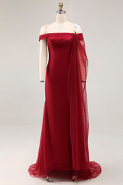 Cabernet Tulle Off the Shoulder Maxi Formal Dress with Ruffles