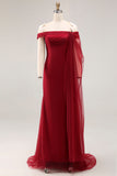 Cabernet Tulle Off the Shoulder Maxi Formal Dress with Ruffles