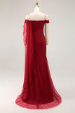 Cabernet Tulle Off the Shoulder Maxi Formal Dress with Ruffles