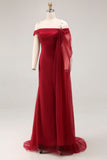 Cabernet Tulle Off the Shoulder Maxi Formal Dress with Ruffles