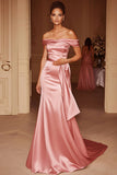 Blush Satin Off the Shoulder Mermaid Satin Maxi Formal Dress