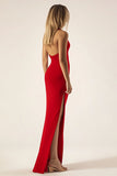Red One Shoulder Satin Sheath Long Formal Dress with Slit