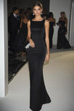 Elegant Black Square Neck Sheath Satin Maxi Formal Dress