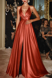 Terracotta Ball Gown V-Neck Satin Maxi Formal Dress with Slit