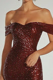 Sparkly Burgundy Off the Shoulder Sequin Bodycon Formal Dress