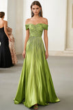 Green A Line Pleated Off the Shoulder Pleated Metallic Formal Dress