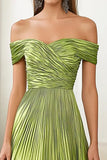 Green A Line Pleated Off the Shoulder Pleated Metallic Formal Dress