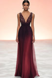 Sparkly Burgundy V-Neck A Line Pleated Long Formal Dress