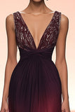 Sparkly Burgundy V-Neck A Line Pleated Long Formal Dress