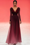 Burgundy V-Neck A Line Maxi Formal Dress with Long Sleeves