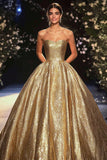 Sparkly Gold Princess Ball Gown Strapless Floor Length Formal Dress
