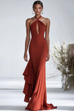 Terracotta Sheath Halter Chiffon Keyhole Long Formal Dress with Ruffles